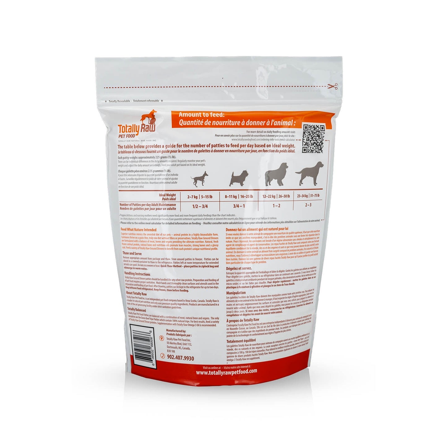 Dog food package with nutritional information on a white background