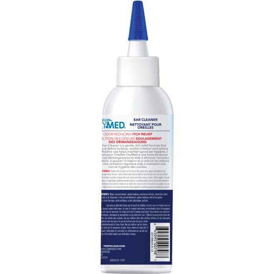 Y-Med ear cleaner bottle with blue cap on a white background at Harmony Pet Supplies, Scarborough.