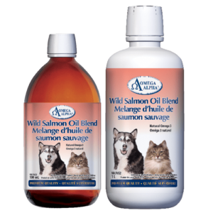 Two bottles of Omega Alpha Wild Salmon Oil Blend for pets on a white background at Harmony Pet Supplies, Scarborough