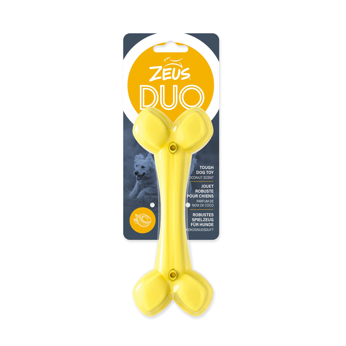 Yellow dog toy with 'Zeus Duo' packaging on a white background at Harmony Pet Supplies Scarborough