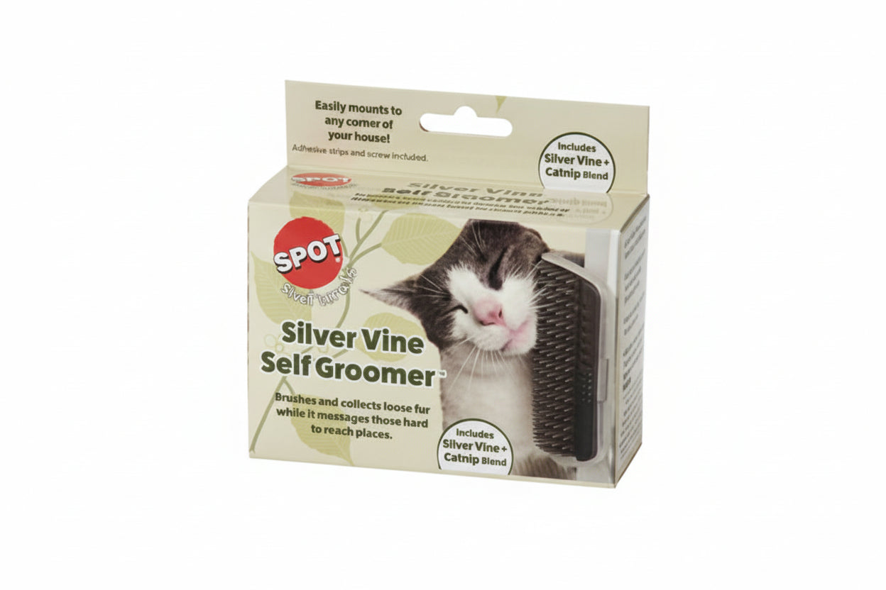 Cat self-groomer with packaging featuring a cat and branding on a white background