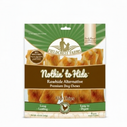 Package of Fieldcrest Farms Rawhide Alternative Flip Chips for dogs on a white background