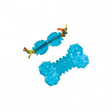Two blue dog toys with colorful ends on a white background