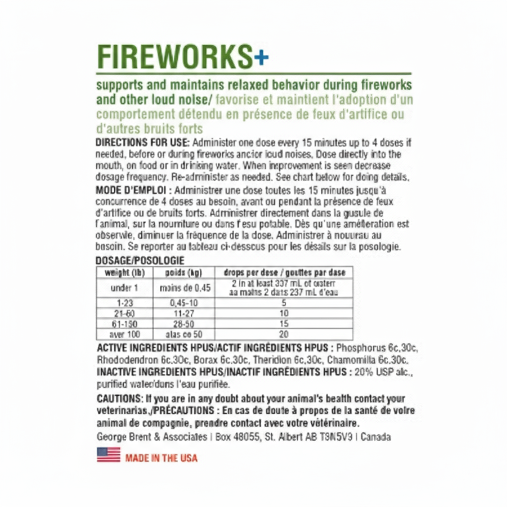 Product label for 'Fireworks+' with text and dosage information on a white background.