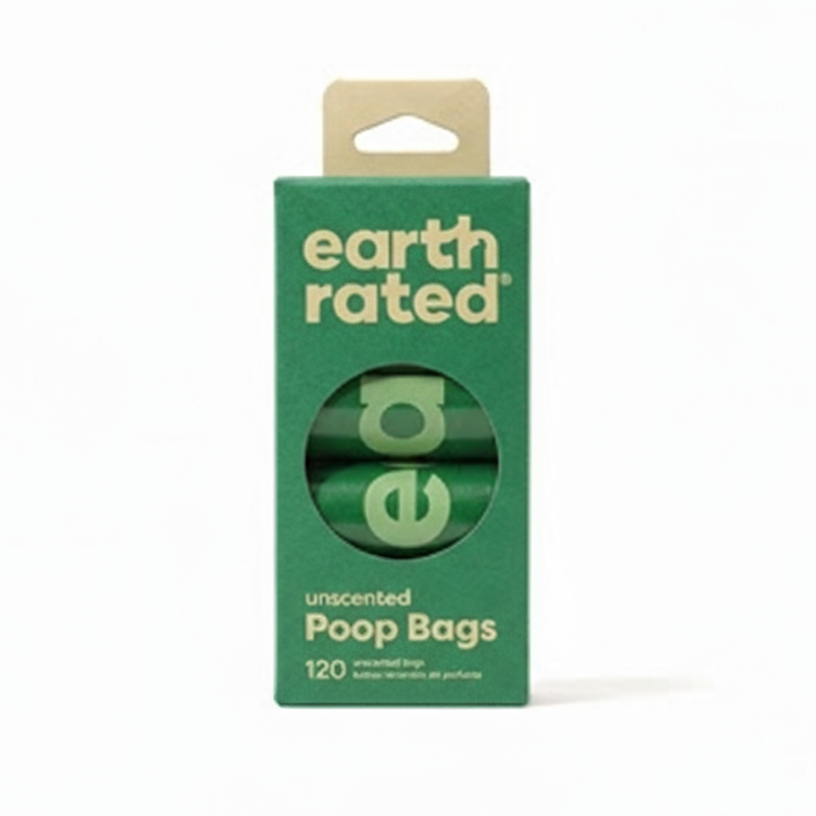 Green package of earth rated poop bags on a white background