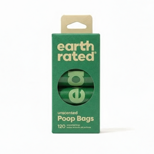 Green package of earth rated poop bags on a white background