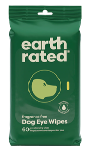 Pack of earth rated dog eye wipes on a green background, front