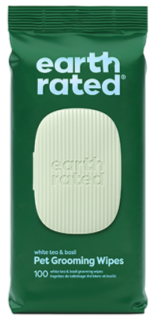 Earth Rated pet grooming wipes packaging on a white background, front