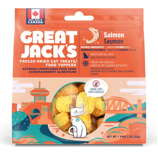 Packaging of Great Jack's freeze-dried cat treats and food topper with salmon flavor. The package is predominantly orange with an illustration of a white cat, and text detailing the product as grain-free and suitable for all cats.