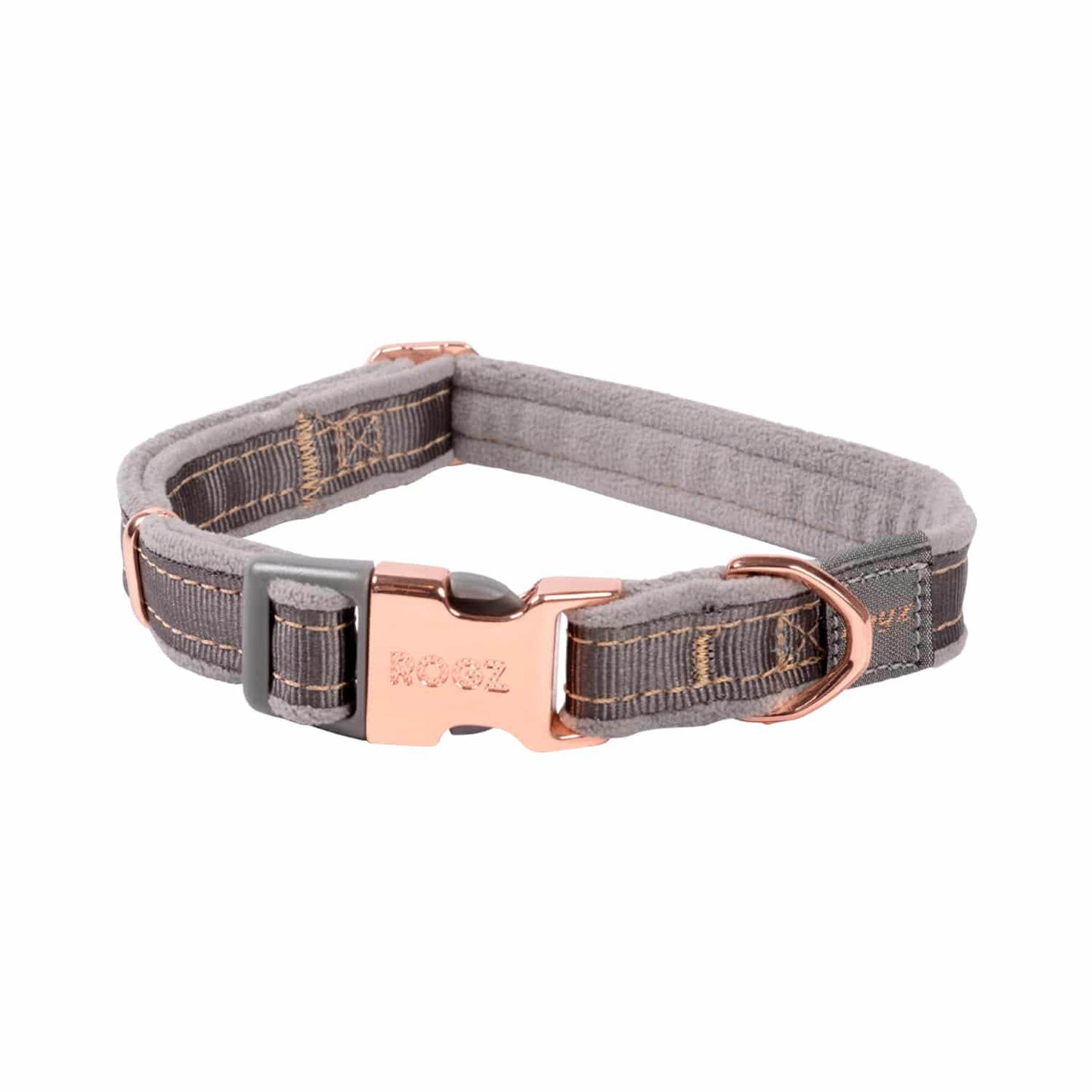 Gray dog collar with rose gold buckle on a white background