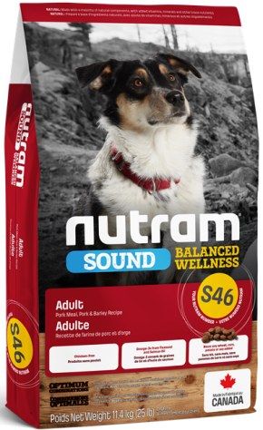 A package of Nutram Sound Balanced Wellness S46 Adult Dog dry dog food with an image of a dog on the front.