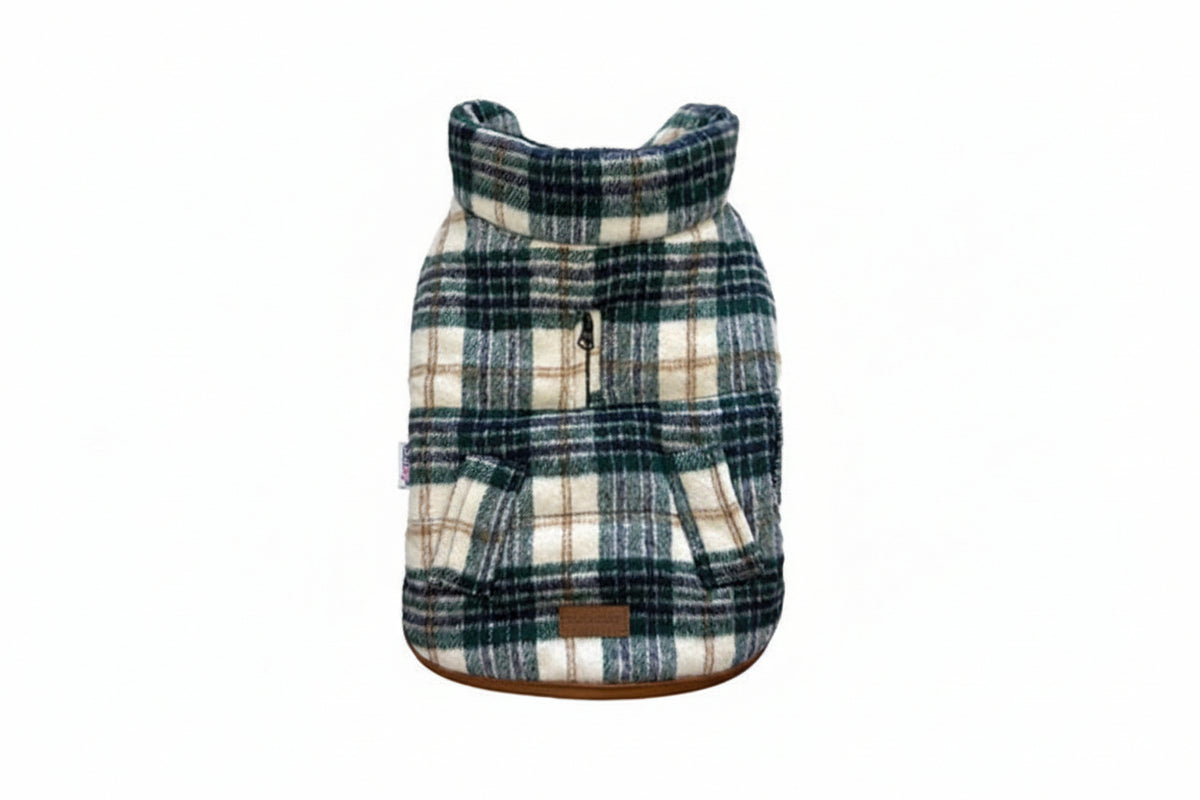 foufoudog brand Plaid patterned dog coat on a white background at Harmony Pet Supplies Scarborough