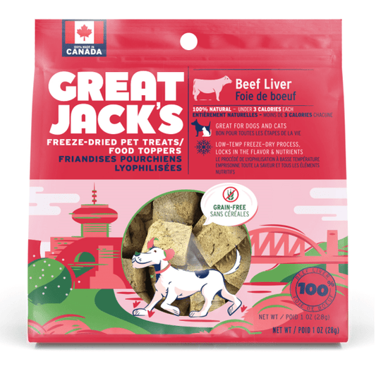 Great Jack's freeze-dried pet treats packaging with a pink background