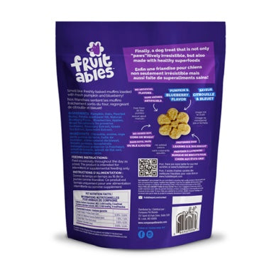 Purple package of Fruitables dog treats with text and graphics on a white background