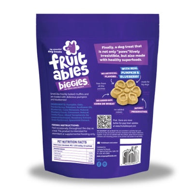 Purple package of Fruitables Biggies dog treats on a white background. Harmony Pet Supplies