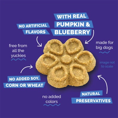 Dog treat with health benefits text on a blue background