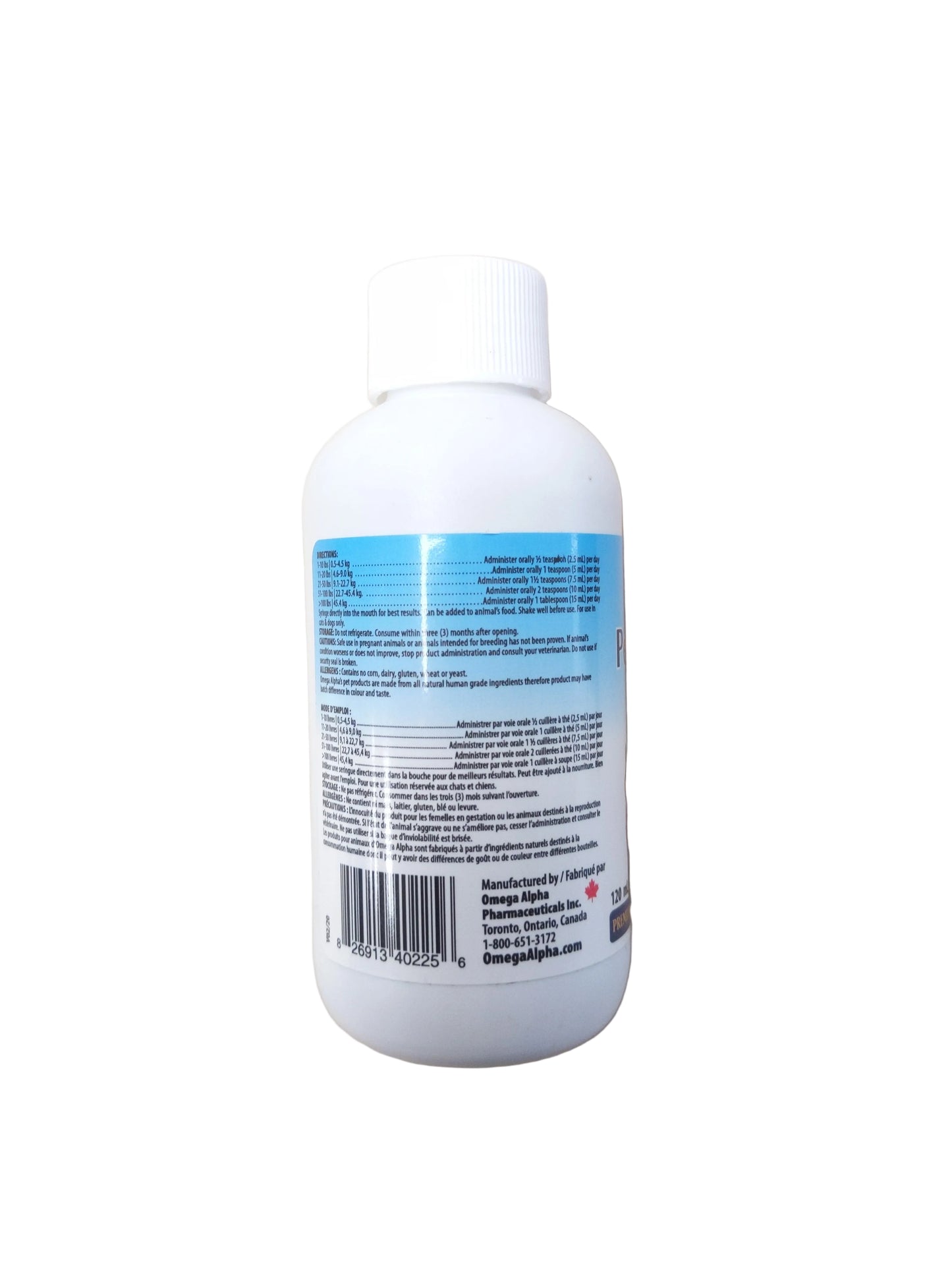Omega Alpha Pet Vitality White bottle with a label on a beige surface at Harmony Pet Supplies Scarborough
