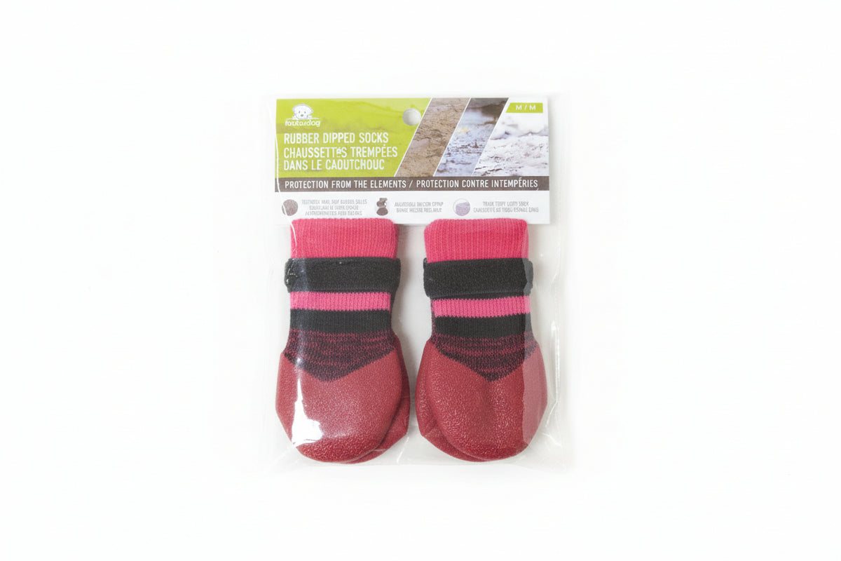 Foufou Pair of medium red socks with black accents in clear packaging on a light surface at Harmony Pet Supplies Scarborough