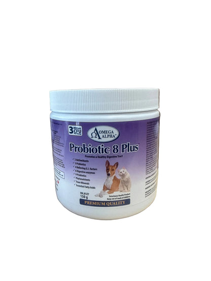 Omega alpha Pet supplement container labeled 'Probiotic 8 Plus' at Harmony pet supplies Scarborough 