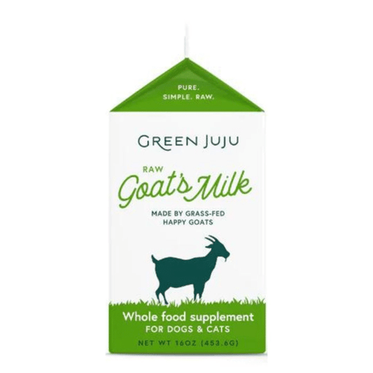 Green Juju raw goat's milk package for dogs and cats on a white background