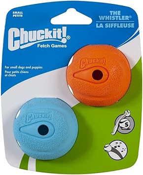 Chuckit! dog toy packaging with two balls, one orange and one blue, on a white background.