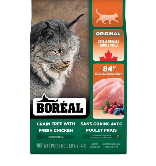 A bag of Boreal cat food, grain-free with fresh chicken, featuring a photo of a gray tabby cat on the left, orange and green panels on the right, and the Boreal logo at the bottom.