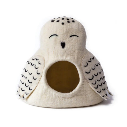 Plush owl-shaped toy with a white background