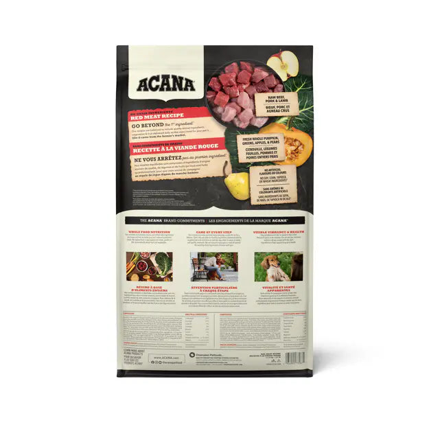 Acana Red Meat Dog Food back with ingredients at Harmony Pet Supplies, Scarborough
