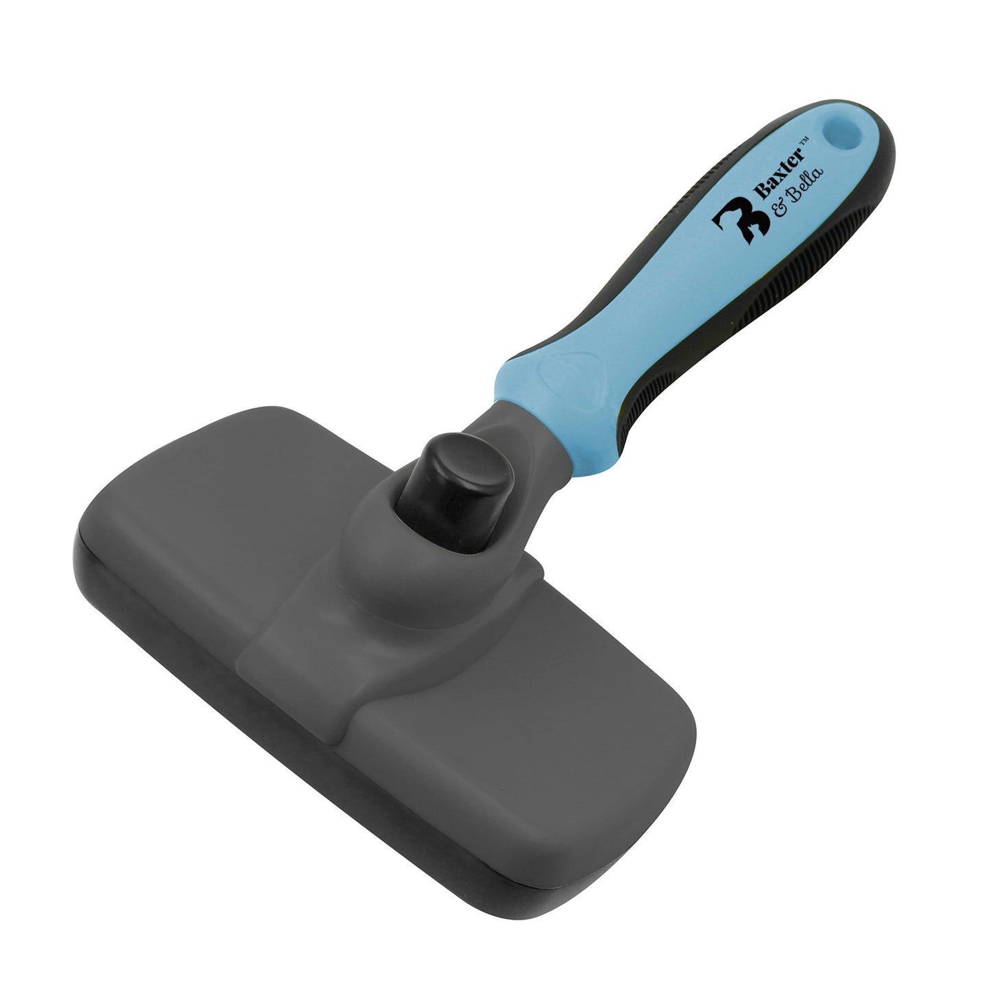 Pet grooming brush with gray bristle pad and blue handle on a white background