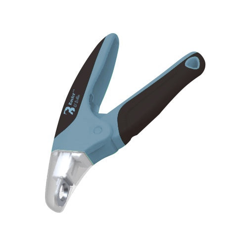 Pet nail clipper with blue and black handle on a white background