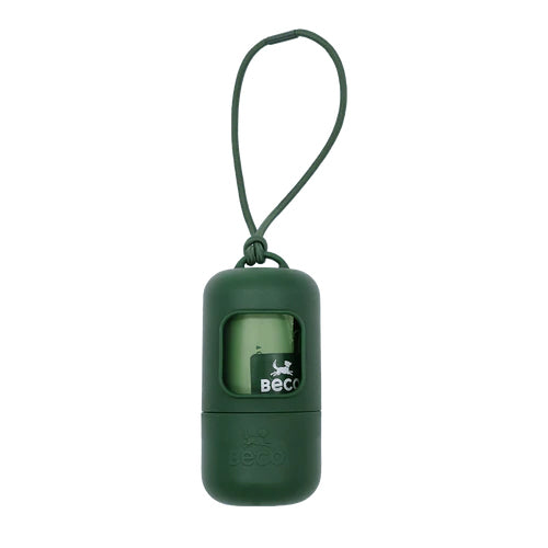 A dark green BeCo pet poop bag dispenser with a matching wrist strap, shown on a solid white background at Harmony Pet Supplies, Scarborough.