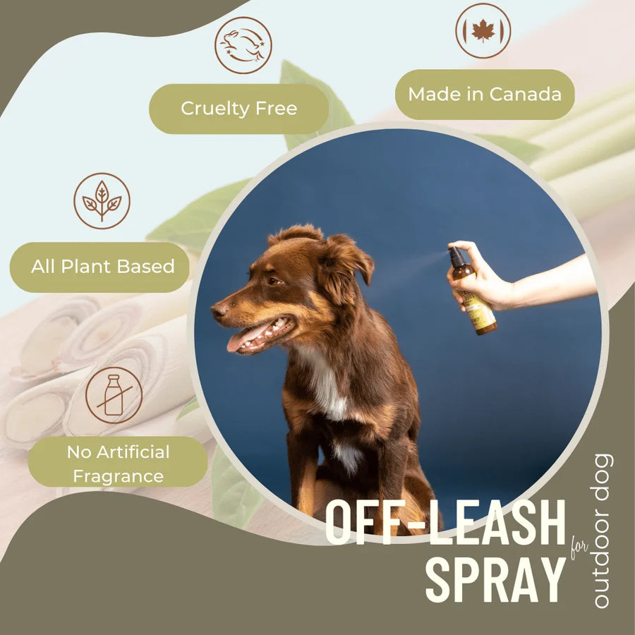Dog being sprayed with off-leash spray by a hand, with product features highlighted on a green and brown background at Harmony Pet Supplies, Scarborough.
