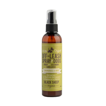 Bottle of 'Off-Leash Spray for Dogs' by Black Sheep Organics on a white background at Harmony Pet Supplies, Scarborough