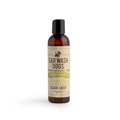 Bottle of Black Sheep Organics ear wash for dogs on a white background at Harmony Pet Supplies, Scarborough