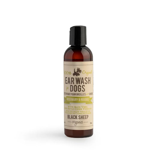 Bottle of Black Sheep Organics ear wash for dogs on a white background at Harmony Pet Supplies, Scarborough