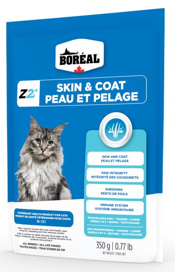 Boreal Z2 Skin & Coat cat food package with a cat on a blue background at Harmony Pet Supplies, Scarborough