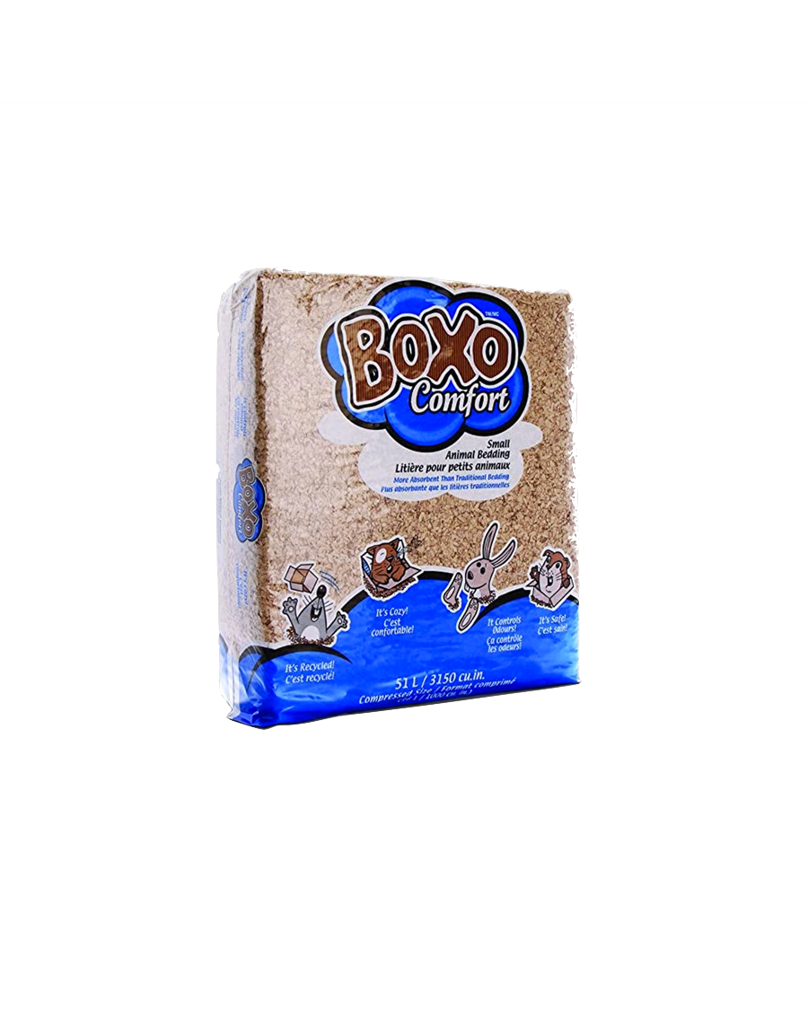 Packaging for Pestell Boxo Comfort small animal bedding, showing a white and beige bedding with a blue logo and illustrations of small animals like a hamster on the front. Available at Harmony Pet Supplies located newr Scarborough offering free delivery in Pickering, Ajax, Whitby and North York.