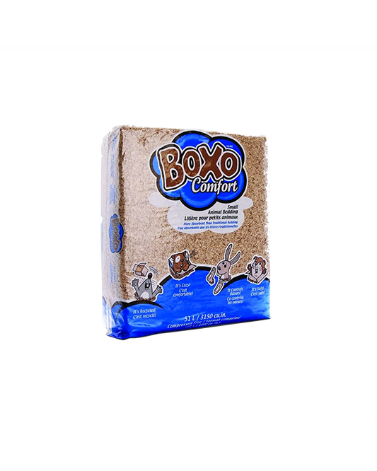 Packaging for Pestell Boxo Comfort small animal bedding, showing a white and beige bedding with a blue logo and illustrations of small animals like a hamster on the front. Available at Harmony Pet Supplies located newr Scarborough offering free delivery in Pickering, Ajax, Whitby and North York.