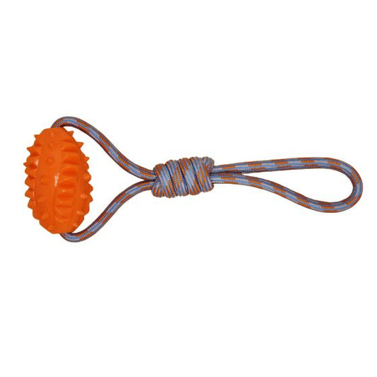 Budz Orange dog toy with a rope on a white background at Harmony Pet Supplies, Scarborough