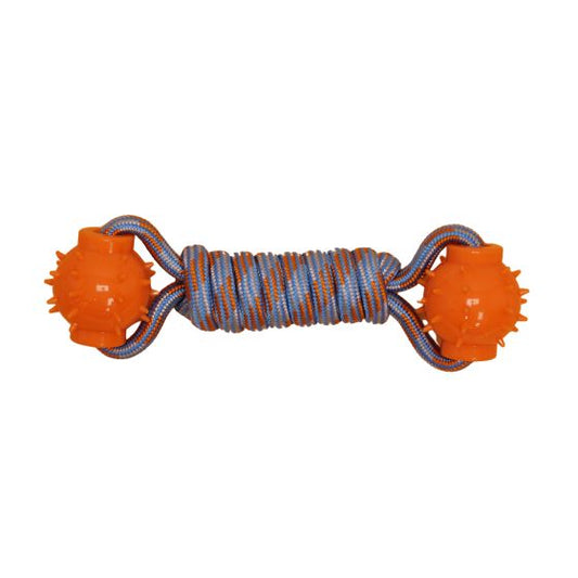 Budz floating Dog toy with two orange balls and a blue rope on a white background at Harmony Pet Supplies, Scarborough
