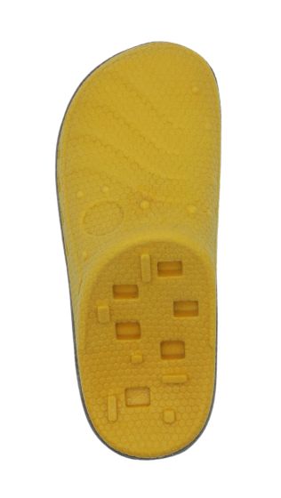 Budz Yellow foot sole dog squeaker dod toy on a white background at Harmony Pet Supplies, Scarborough