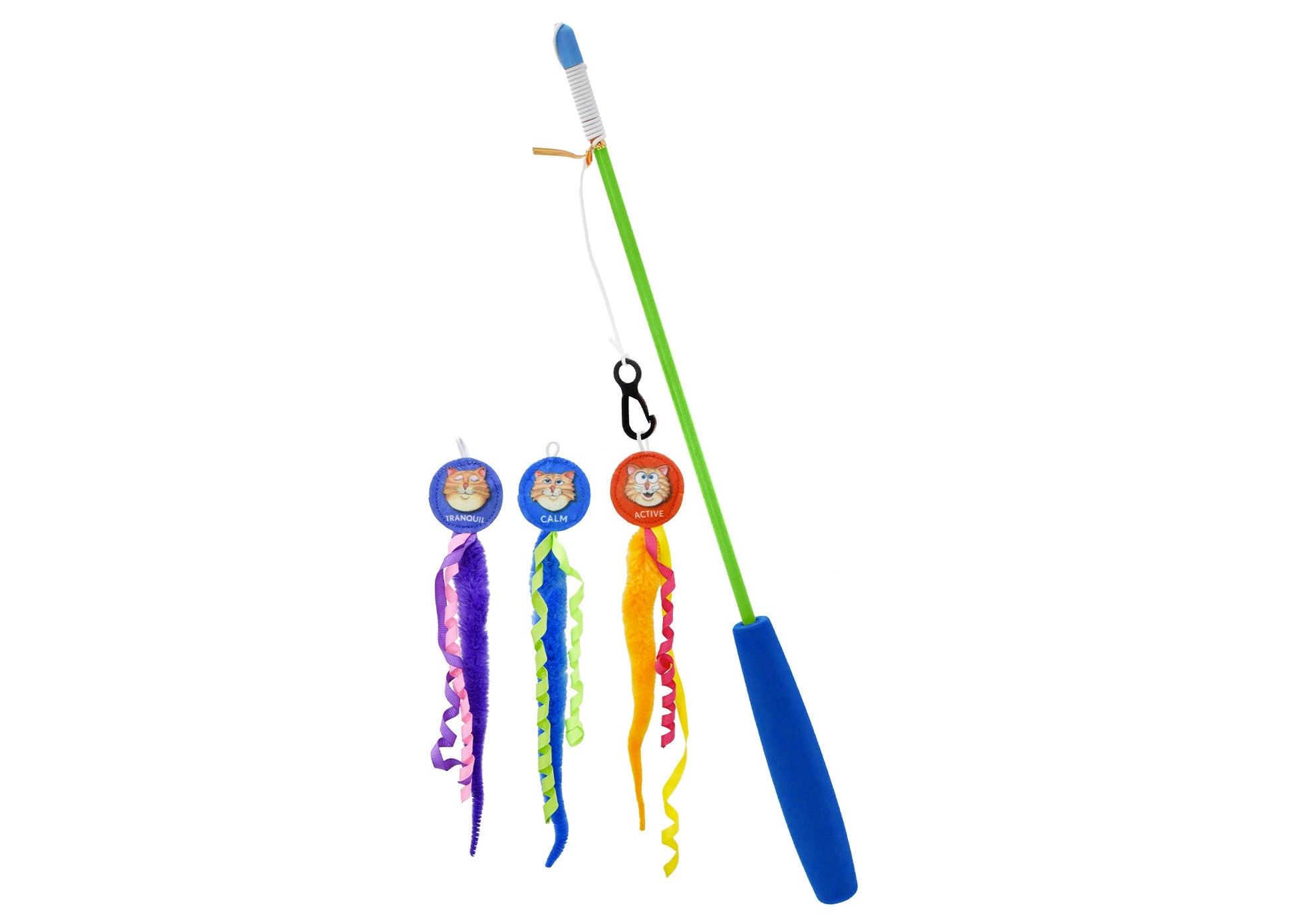 Cat toy with colorful fluttering tails attached to a pole on a white background