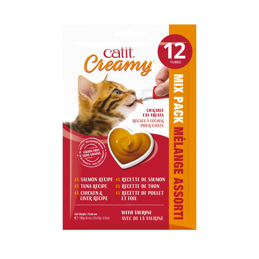 Catit Creamy cat food mix pack with various recipes on a white background