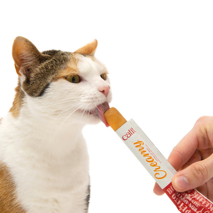 Cat licking a tube of catit creamy treats with a white background