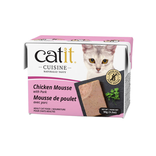 Catit Cuisine Chicken Mousse with Pork cat food packaging on a white background