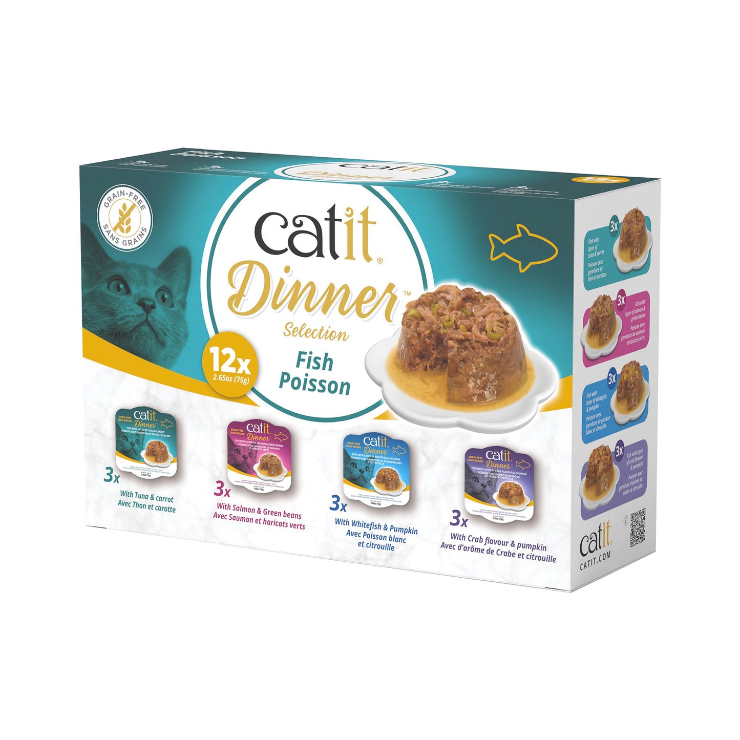 catit Dinner Selection fish cat food packaging on a white background