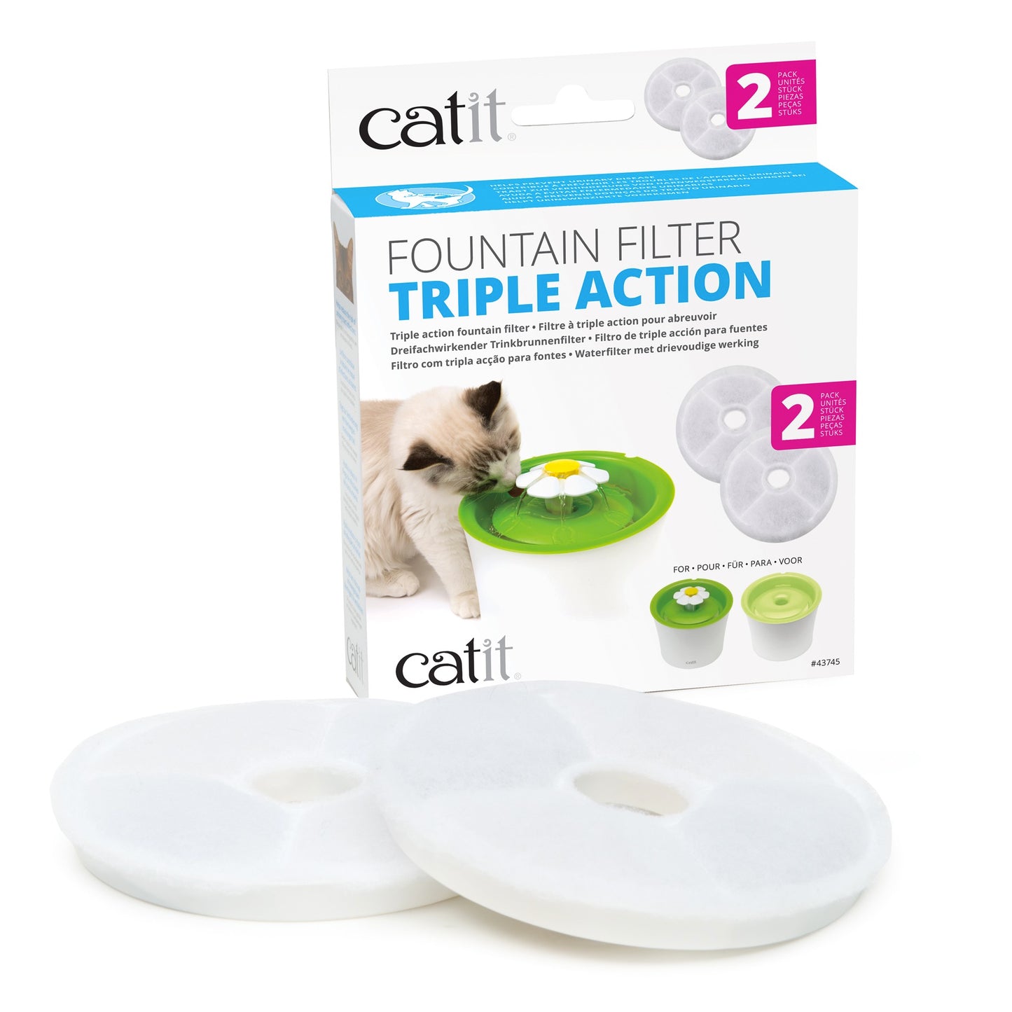 Catit fountain filter packaging with two filters in front on a white background at Harmony Pet Supplies.