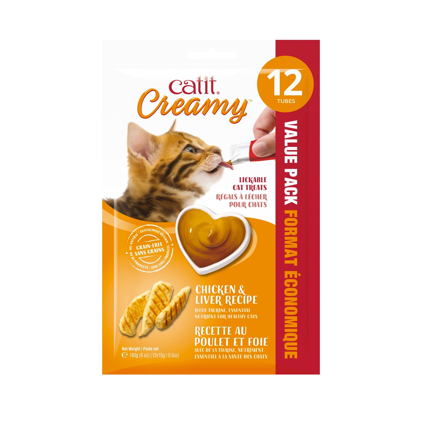 Catit Creamy cat food packaging with a cat eating from a heart-shaped dish on a white background