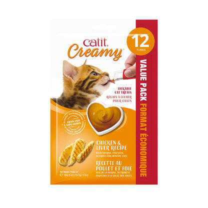 Catit Creamy cat food packaging with a cat eating from a heart-shaped dish on a white background