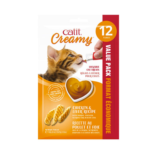 Catit Creamy cat food packaging with a cat eating from a heart-shaped dish on a white background